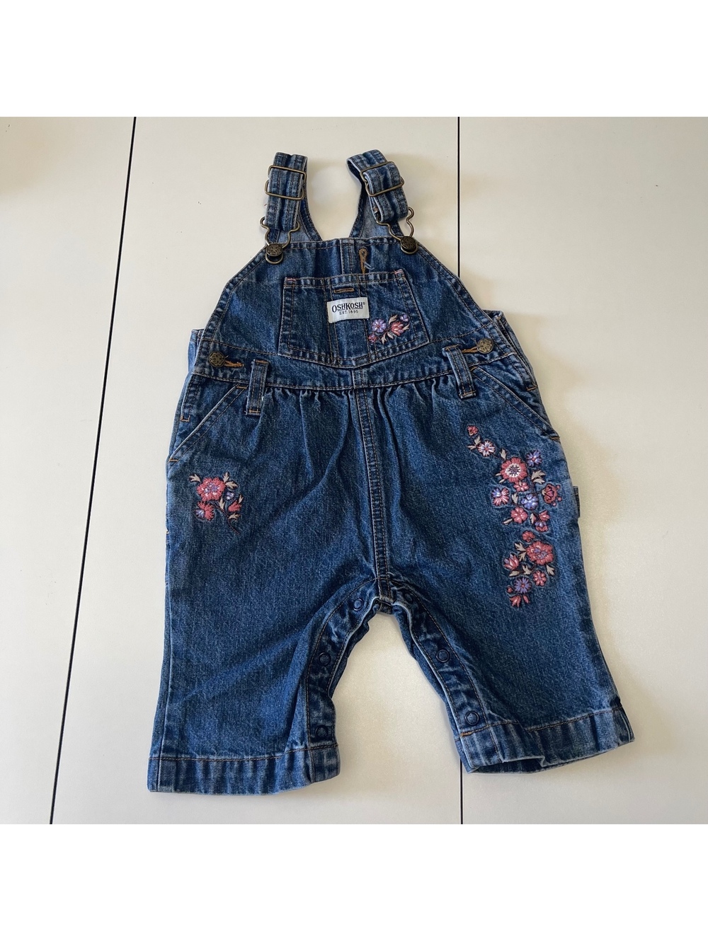 Vintage Oshkosh Baby Girl's Size 3/6m Floral Denim Overalls